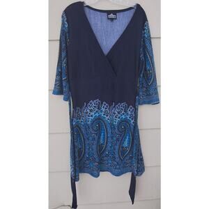 Angie 3/4 Sleeves Paisley Wrap V neck Boho Mini sweater Dress Navy Teal Wooly  L